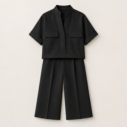 White Tailored Two-Piece Set | Short Sleeve Top & Wide-Leg Culottes - Smart Casual Matching Set Black