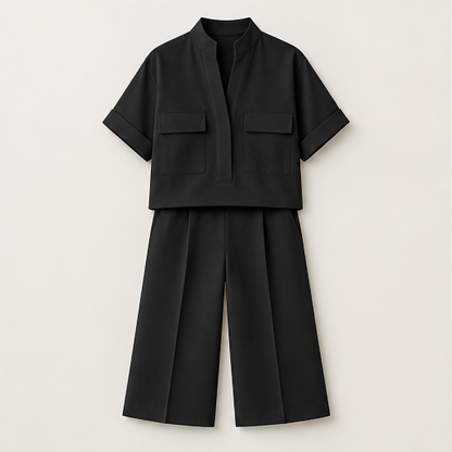 White Tailored Two-Piece Set | Short Sleeve Top & Wide-Leg Culottes - Smart Casual Matching Set Black