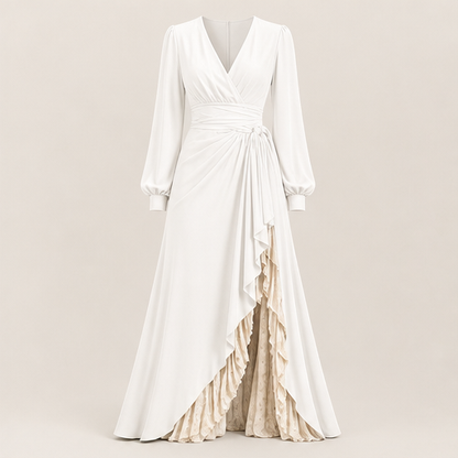 Brown Wrap V-Neck Maxi Dress | Lantern Sleeve Formal Gown - Ruffle Slit Two-Layer Skirt White