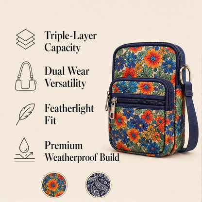 Floral Mini Crossbody Bag | Phone Bag with Armband Strap - 3 Zip Compartments features