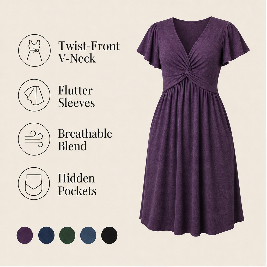 Purple Twist Front V-Neck Dress | Flutter Sleeve Midi with Hidden Pockets - Flowy Fit features