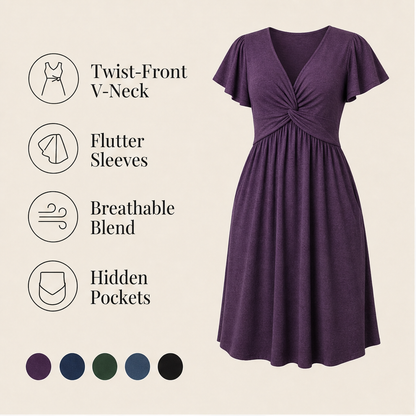 Purple Twist Front V-Neck Dress | Flutter Sleeve Midi with Hidden Pockets - Flowy Fit features