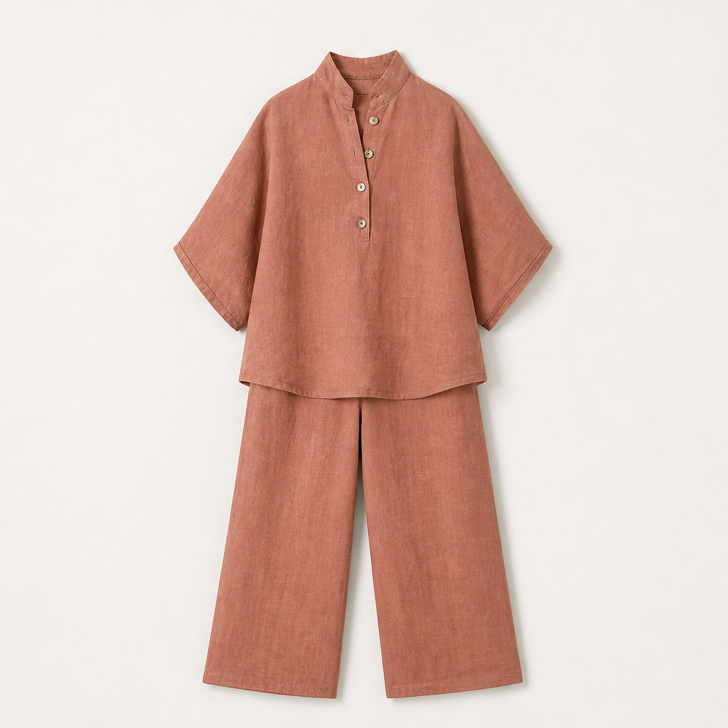 Marisol Women's Batwing Sleeve Linen Cotton Two-Piece Set - Casual Button Shirt & Wide Leg Trousers Outfit Terracotta