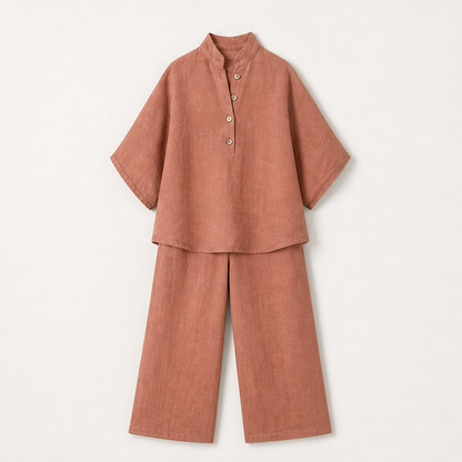 Marisol Women's Batwing Sleeve Linen Cotton Two-Piece Set - Casual Button Shirt & Wide Leg Trousers Outfit Terracotta