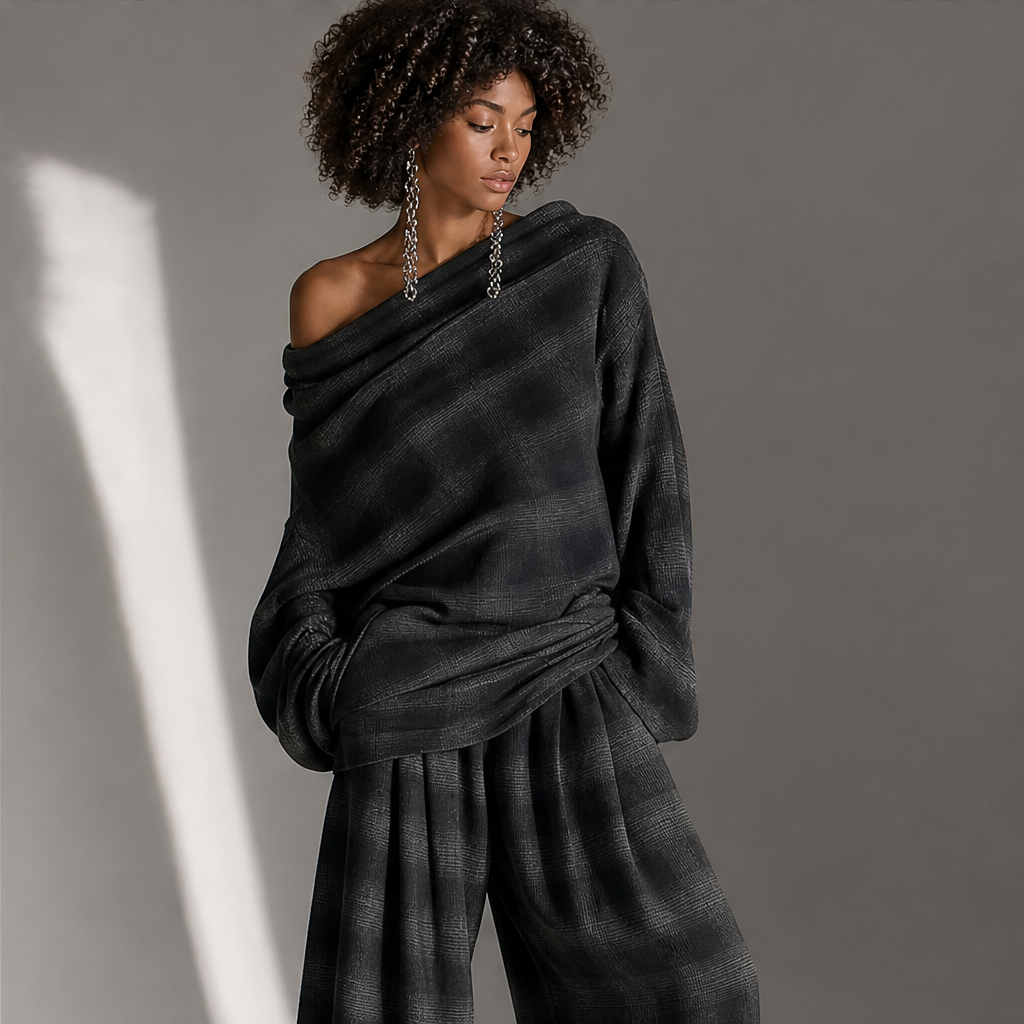 Grey Plaid Off Shoulder Top and Pants Set | Loose Two Piece Outfit - Wide Leg Trousers features