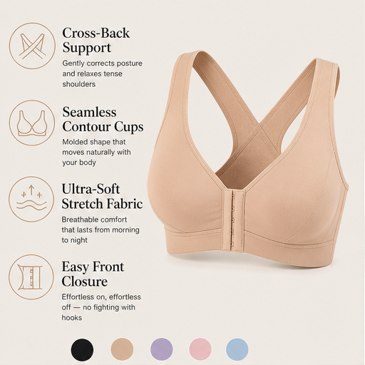 Nude Wireless Posture Corrector Bra | Front Closure Support Bra - Cross-Back Straps, No Underwire features