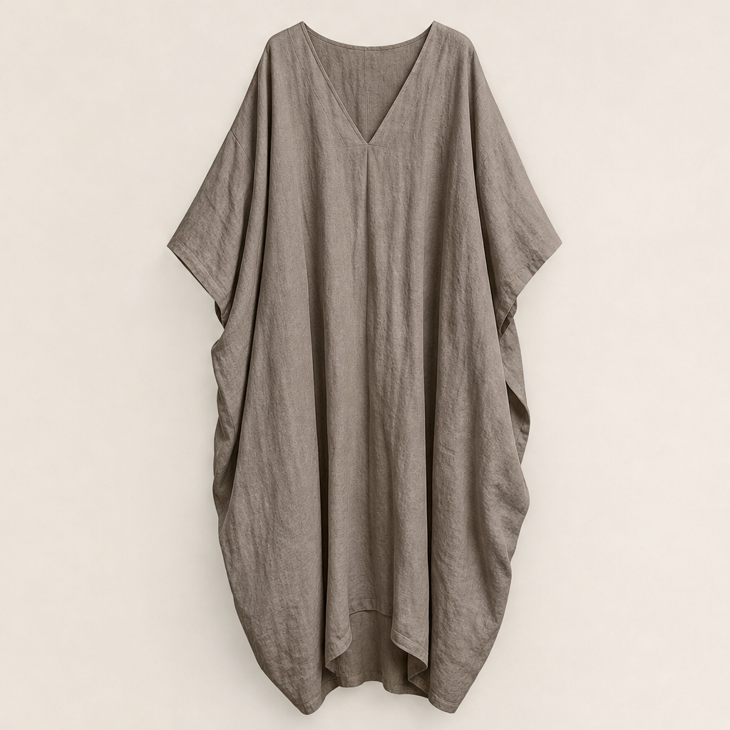 Marlowe Women's Loose-Fitting Linen Cocoon-Style Batwing Sleeve Maxi Kaftan Dress Taupe