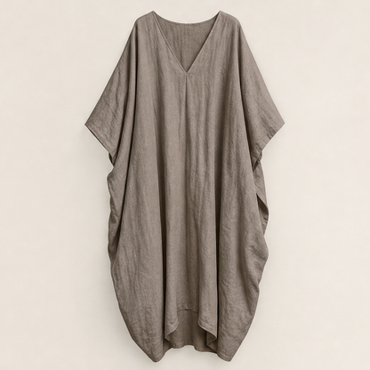 Marlowe Women's Loose-Fitting Linen Cocoon-Style Batwing Sleeve Maxi Kaftan Dress Taupe