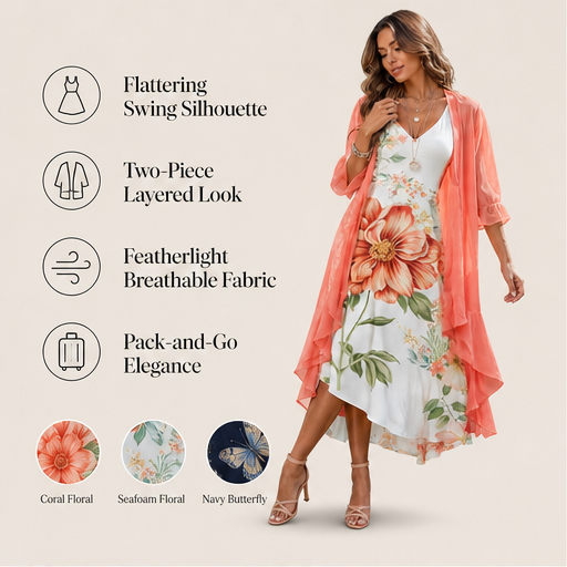 Coral Floral Swing Dress | Two-Piece Maxi Dress with Chiffon Cover-Up - Lace Detail features