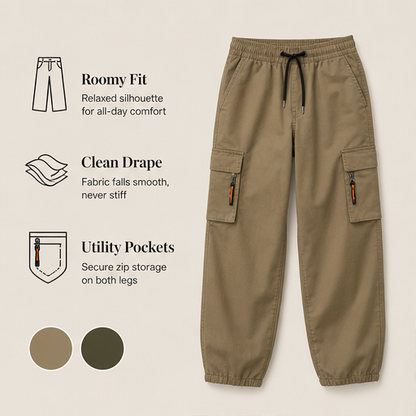 Khaki Cargo Trousers | Relaxed Fit Stretch Utility Pants - Women's Wide Leg with Pockets features