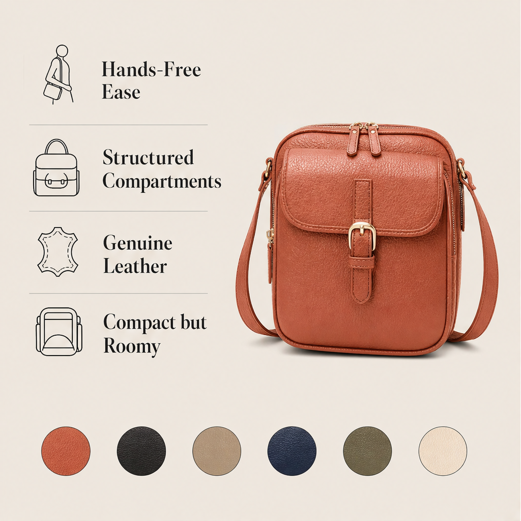 Terracotta Crossbody Leather Bag | Women's Shoulder Bag with Adjustable Strap - Multi-Pocket Design features