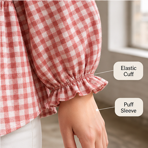 Red Gingham Top | Ruffled Peter Pan Collar Blouse - Puff Sleeve Casual Shirt for Women features