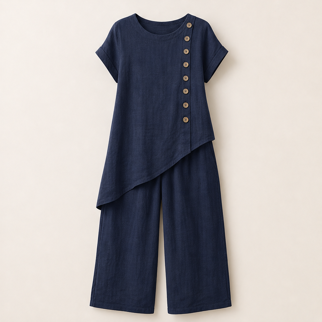 Rust Asymmetric Hem Top & Trouser Set | Women's Two-Piece Wide-Leg Outfit - Button Detail Navy