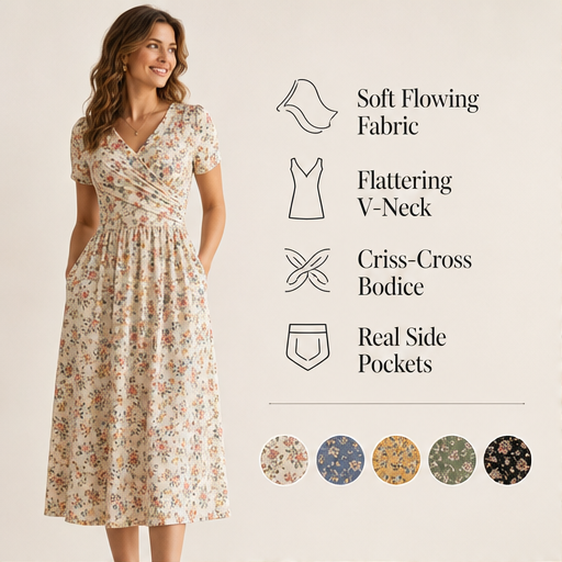 Floral Print Midi Dress | V-Neck Wrap Front with Pockets - Flattering Waist Tie Sundress features