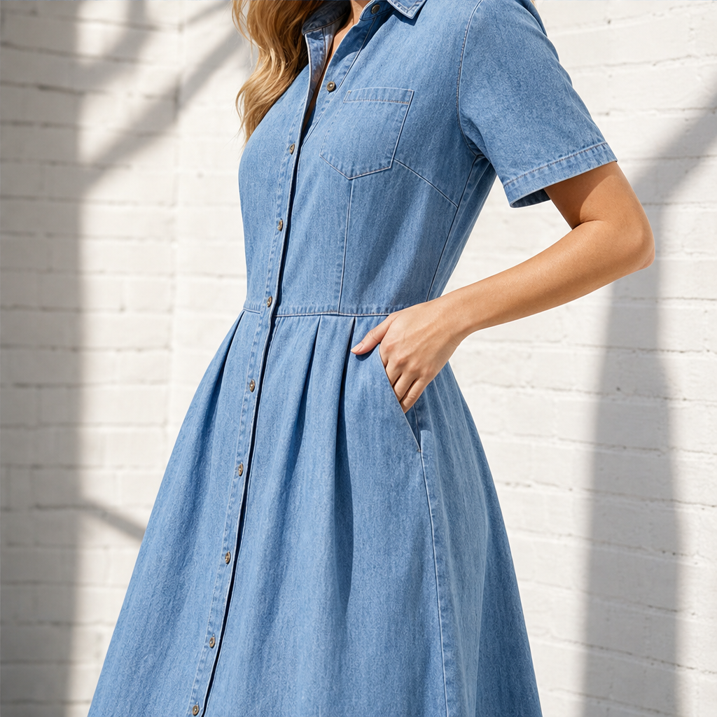 Blue Denim Shirt Dress | Button-Front A-Line Midi - Short Sleeve with Pockets features