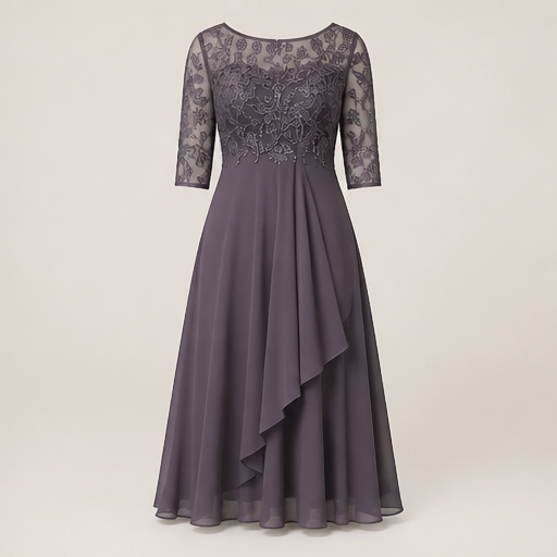 Slate Blue Embroidered Midi Dress | Scoop Neck Occasion Dress - Lace Bodice with Flowy Chiffon Skirt Charcoal