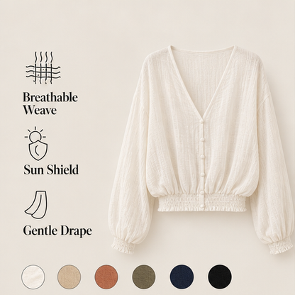 White Sheer Sun Protection Shirt | Lightweight V-Neck Cover-Up - Lantern Sleeve Cropped Jacket features