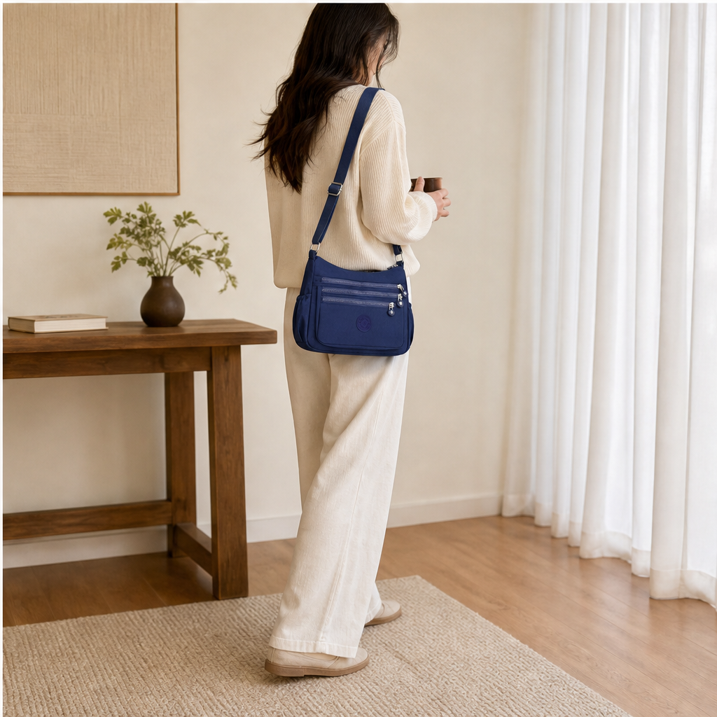 Navy Nylon Crossbody Bag | Lightweight Multi-Pocket Shoulder Bag for Women - Water-Resistant features