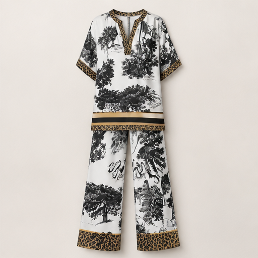 White Printed V-Neck Top and Trousers Set | Casual Two-Piece Loungewear - Wide Leg Matching Set White/Leopard Print