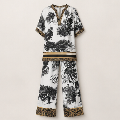 White Printed V-Neck Top and Trousers Set | Casual Two-Piece Loungewear - Wide Leg Matching Set White/Leopard Print