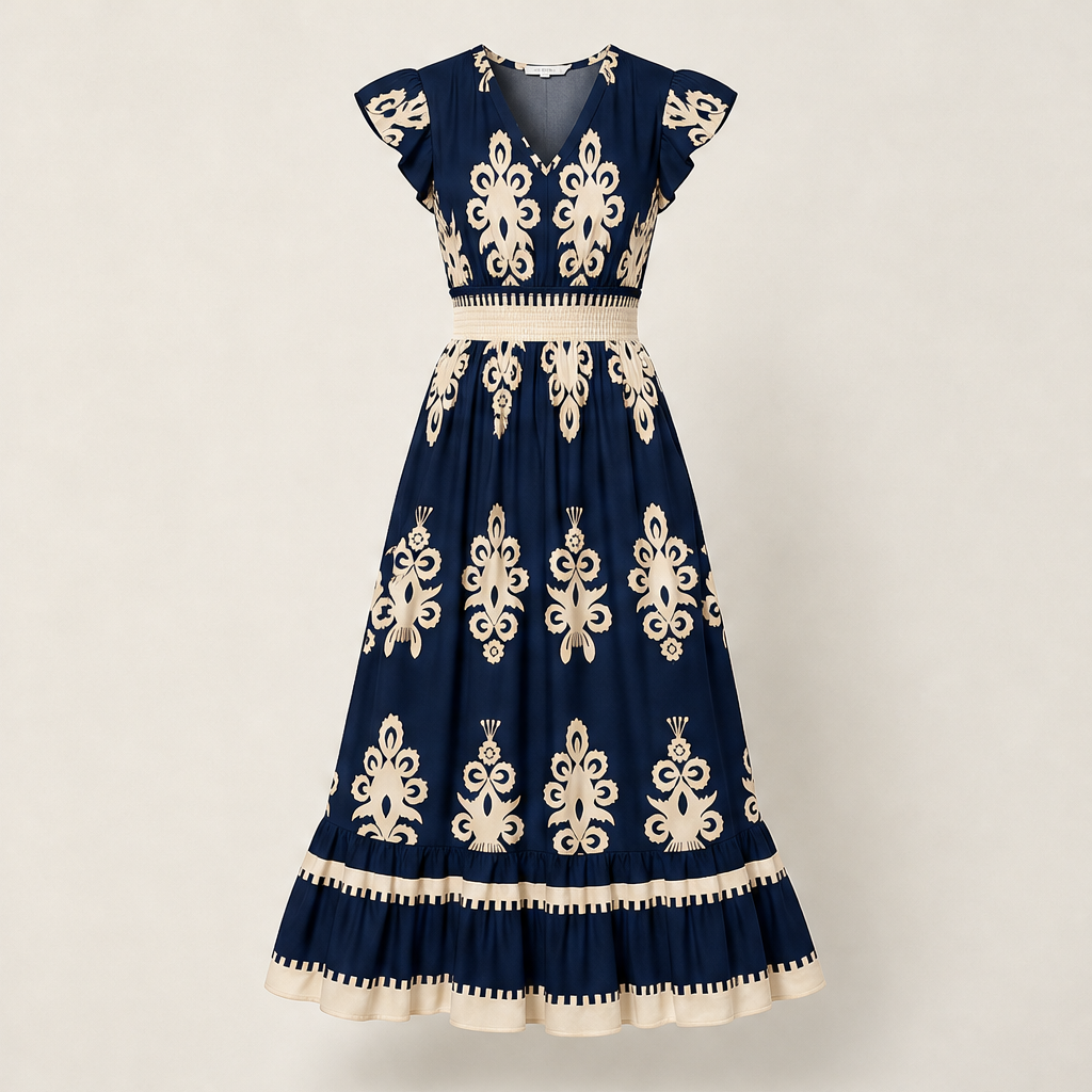 Black Baroque Print Maxi Dress | V-Neck Smocked Waist Summer Dress - Flutter Sleeve Boho Style Navy