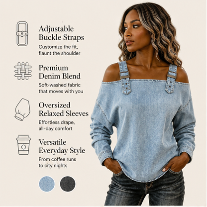 Light Blue Denim Off-Shoulder Top | Women's Buckle Strap Blouse - Long Sleeve Cropped Style features