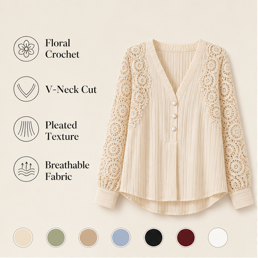 Cream Lace V-Neck Top | Crochet Sleeve Blouse for Women - Long Sleeve Pintuck Top features