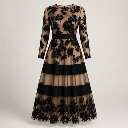 Black Lace Midi Dress | Elegant A-Line Wedding Guest Dress - Sheer Mesh Occasion Wear Black/Nude