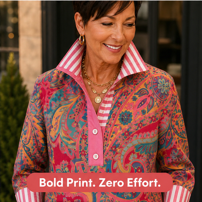 Pink Paisley Two-Piece Set | Contrast-Stripe Wide-Leg Trouser & Top - Women's Matching Set features