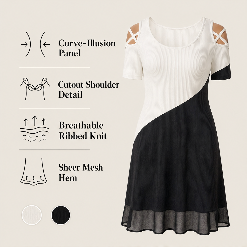 Black Colour Block Midi Dress | Round Neck Ribbed Knit with Cold Shoulder - Sheer Mesh Hem features