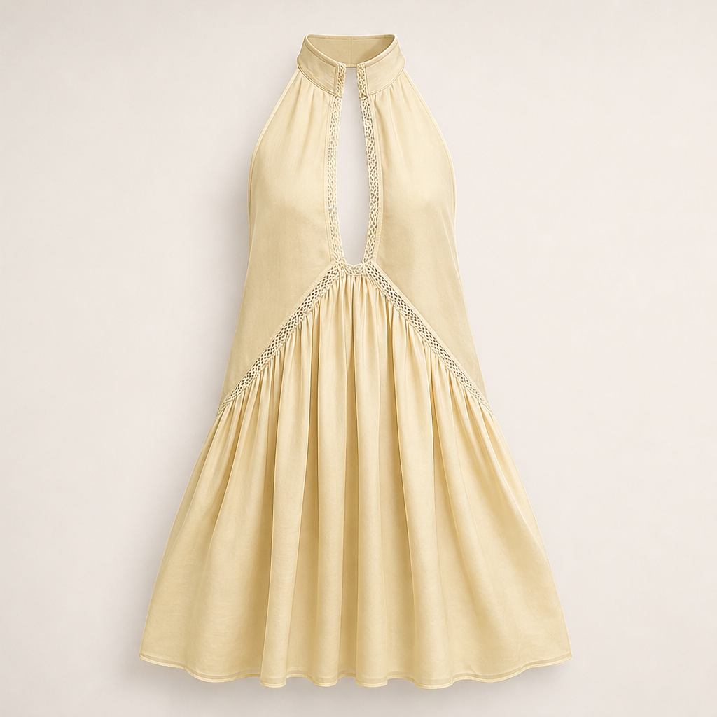 Marigold Women's Sleeveless Deep V-Neck Lace Trim Mini Dress - Flowy Halterneck Summer Dress Pale Yellow