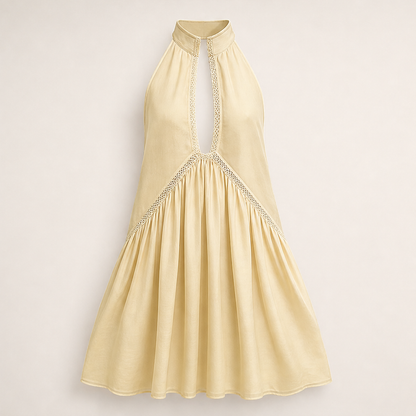 Marigold Women's Sleeveless Deep V-Neck Lace Trim Mini Dress - Flowy Halterneck Summer Dress Pale Yellow