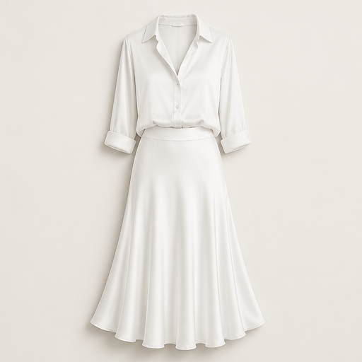 Grey Satin Shirt & Midi Skirt Set | Two Piece Button Down Top with High Waist Flared Skirt White