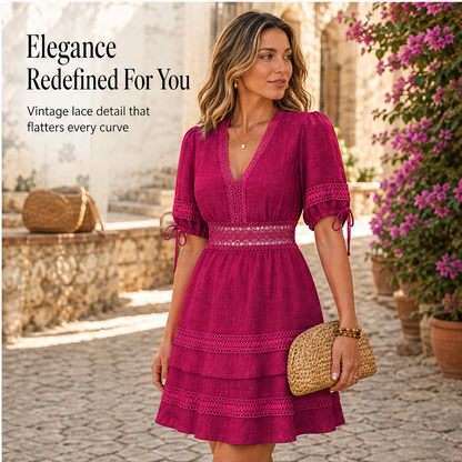 Marisol Women's V-Neck Lace Trim Puff Sleeve Tiered Ruffle Linen-Look Dress features