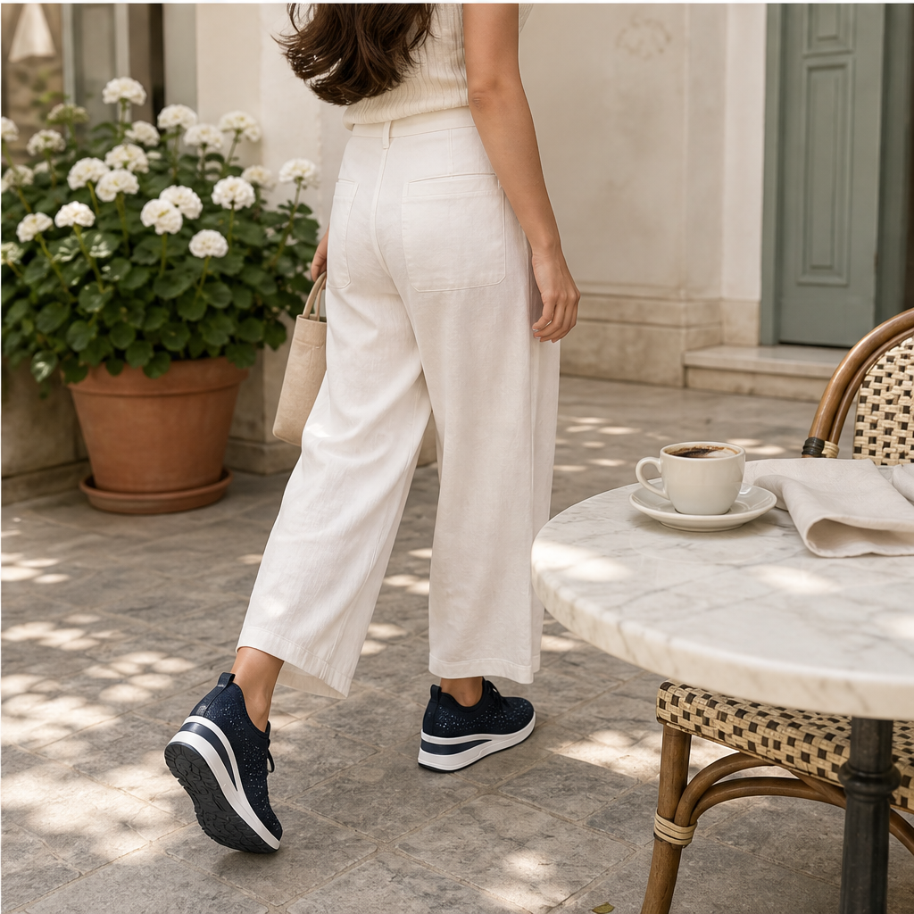 Navy Rhinestone Mesh Sneakers | Wedge Trainers with Sparkle - Breathable Lace-Up Shoes features