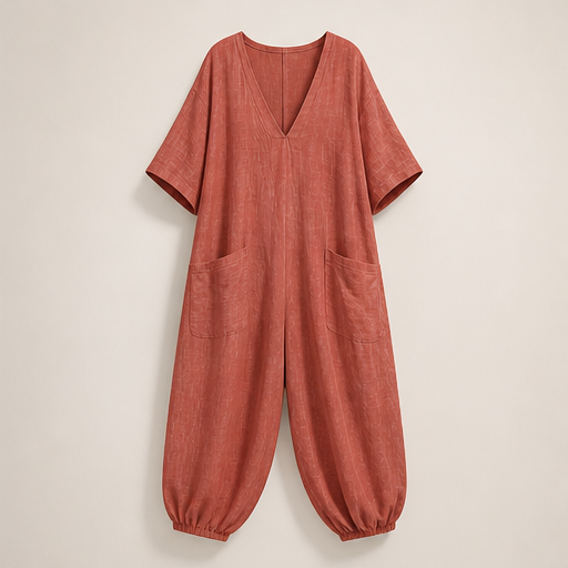 Rose V-Neck Jumpsuit | Relaxed Linen-Blend Playsuit for Women - Wide Leg with Pockets Terracotta