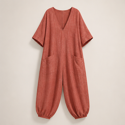 Rose V-Neck Jumpsuit | Relaxed Linen-Blend Playsuit for Women - Wide Leg with Pockets Terracotta