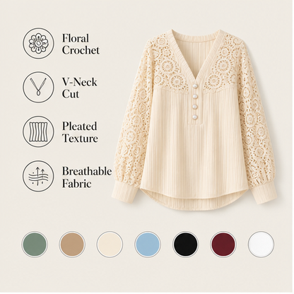 Ivory Lace Patchwork Top | Crochet V-Neck Long Sleeve Blouse - Pearl Button Detail features
