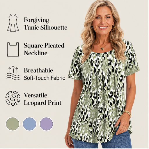 Sage Green Printed Top | Casual Leopard Print Short Sleeve Blouse - Round Neck Pleated Tunic features