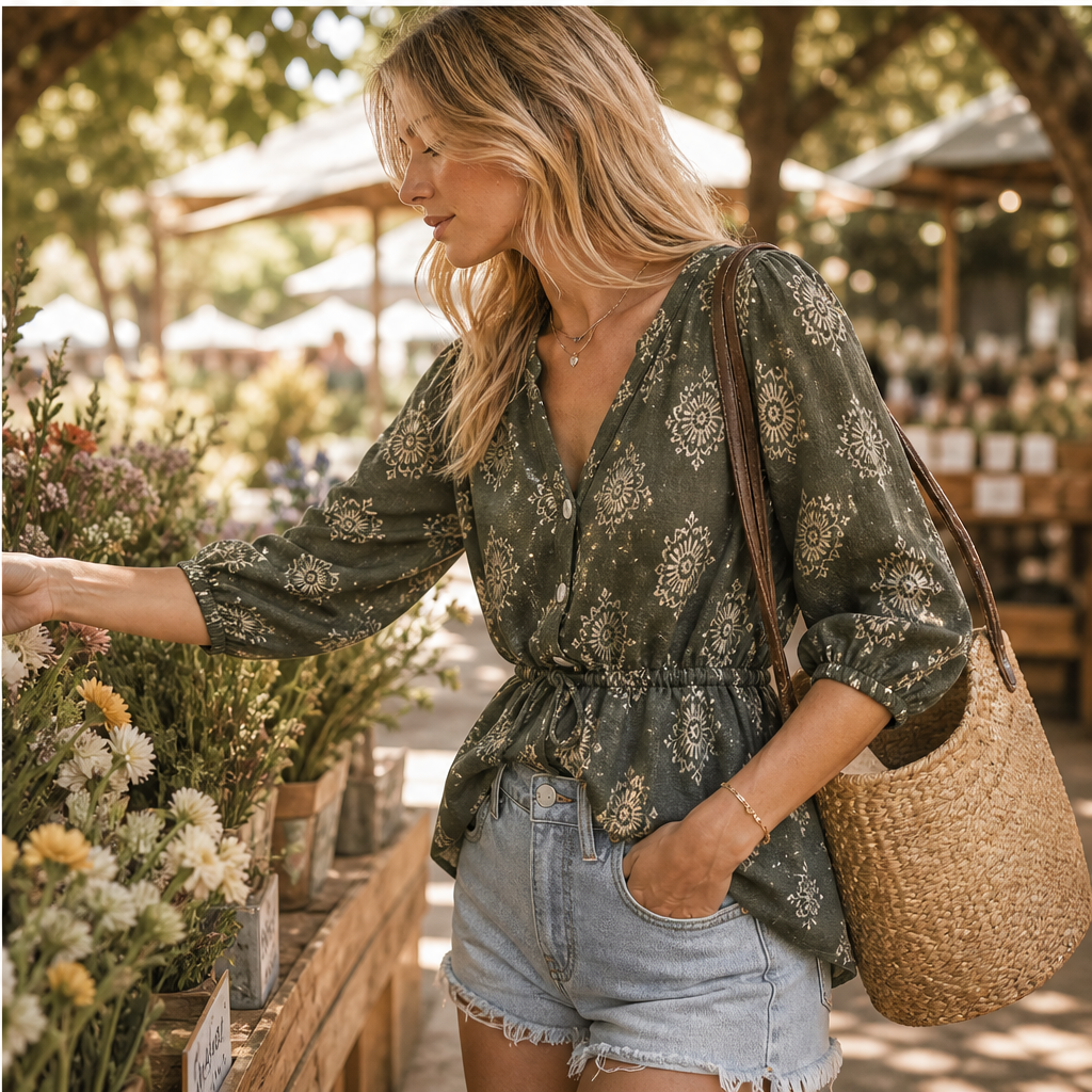 Khaki Green Floral Peplum Blouse | Boho V-Neck Button-Down Top - Puff Sleeve Tie Neck features
