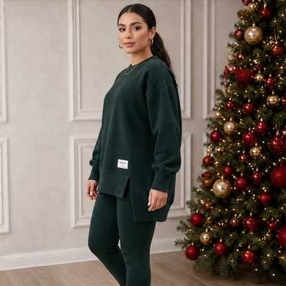 Black Sweatshirt Leggings Set | Oversized Casual Two-Piece Loungewear - Split Hem features
