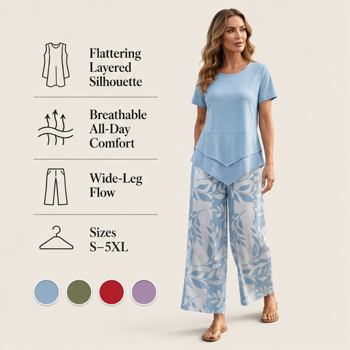 Blue Layered Tunic Top and Wide Leg Trouser Set | Round Neck Two-Piece Outfit for Women features