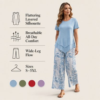 Blue Layered Tunic Top and Wide Leg Trouser Set | Round Neck Two-Piece Outfit for Women features