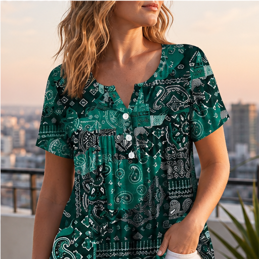 Black Paisley Print V-Neck Top | Casual Short Sleeve Blouse for Women - Relaxed Fit Henley Tunic features
