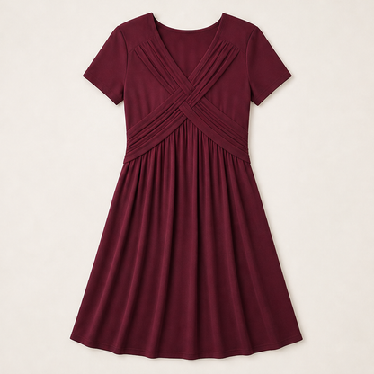Verona Women's Cross-Front V-Neck Pleated A-Line Dress with Pockets - Short Sleeve Midi Dress Burgundy