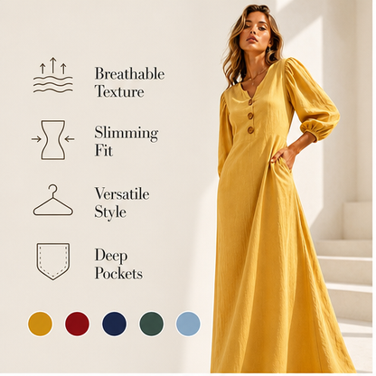 Mustard V-Neck Maxi Dress | Casual Puff Sleeve Long Dress - Linen-Blend with Pockets features