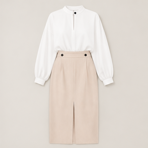 Pink Stand Collar Shirt & Midi Skirt Set | Two-Piece Suit - High-Waisted Skirt with Front Slit White