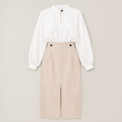 Pink Stand Collar Shirt & Midi Skirt Set | Two-Piece Suit - High-Waisted Skirt with Front Slit White