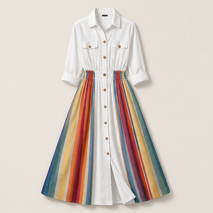 Navy Collar Rainbow Stripe Maxi Dress | Boho Shirt Dress with Elastic Waist - Long Length Split Skirt White