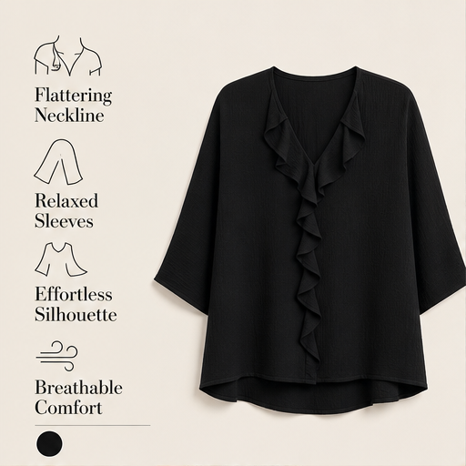 Black Ruffle V-Neck Blouse | Relaxed Fit Top for Women - Textured Three-Quarter Sleeve features